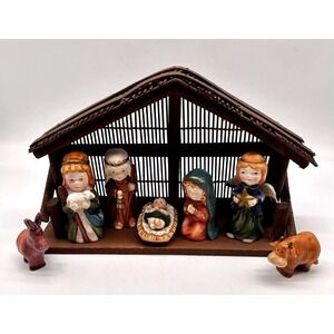 Elements Christmas Nativity 8 Piece Ceramic Set With Wooden Stable 2007 New